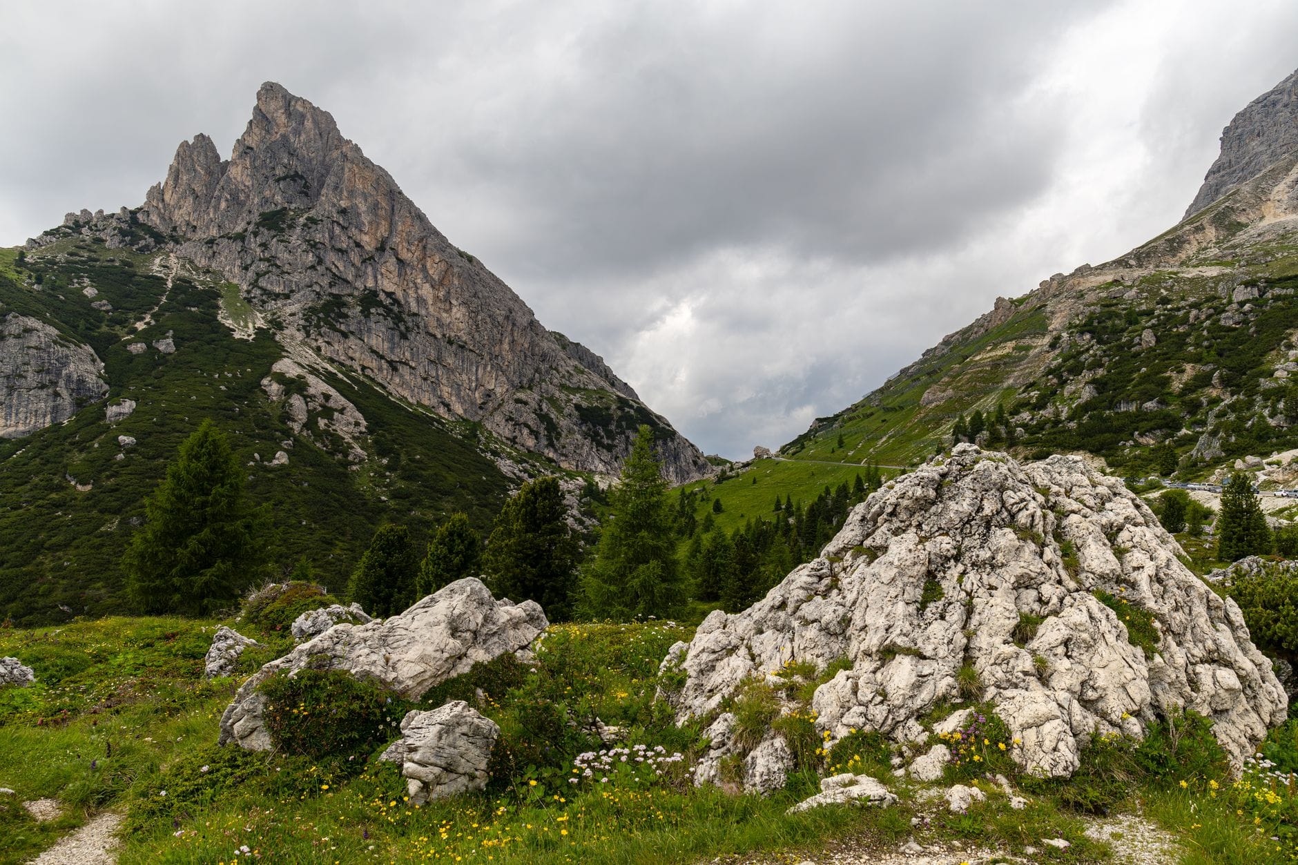 Skaliste szczyty Dolomitów otoczone soczystą, zieloną roślinnością